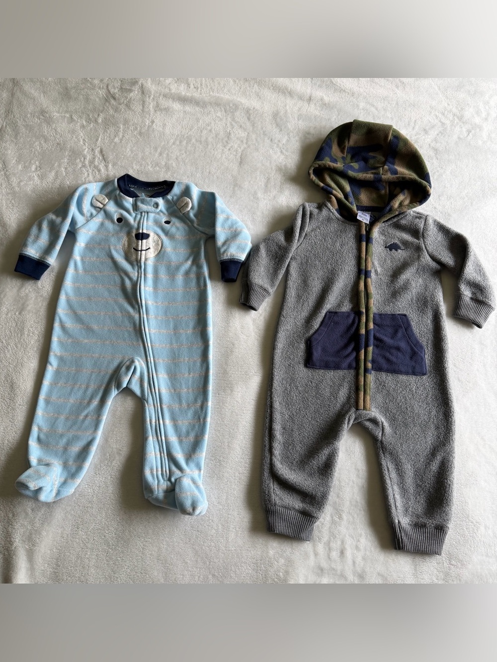 Carter's Light Blue Striped Bear One-Piece & Gray Hooded Fleece Playsuit Set